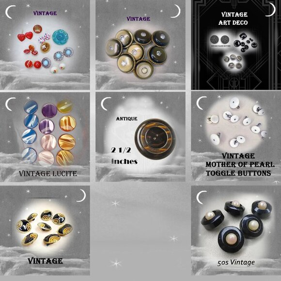 Vintage Buttons Black with Faux Pearls 50s 1950s Button Set - Picture 7 of 10